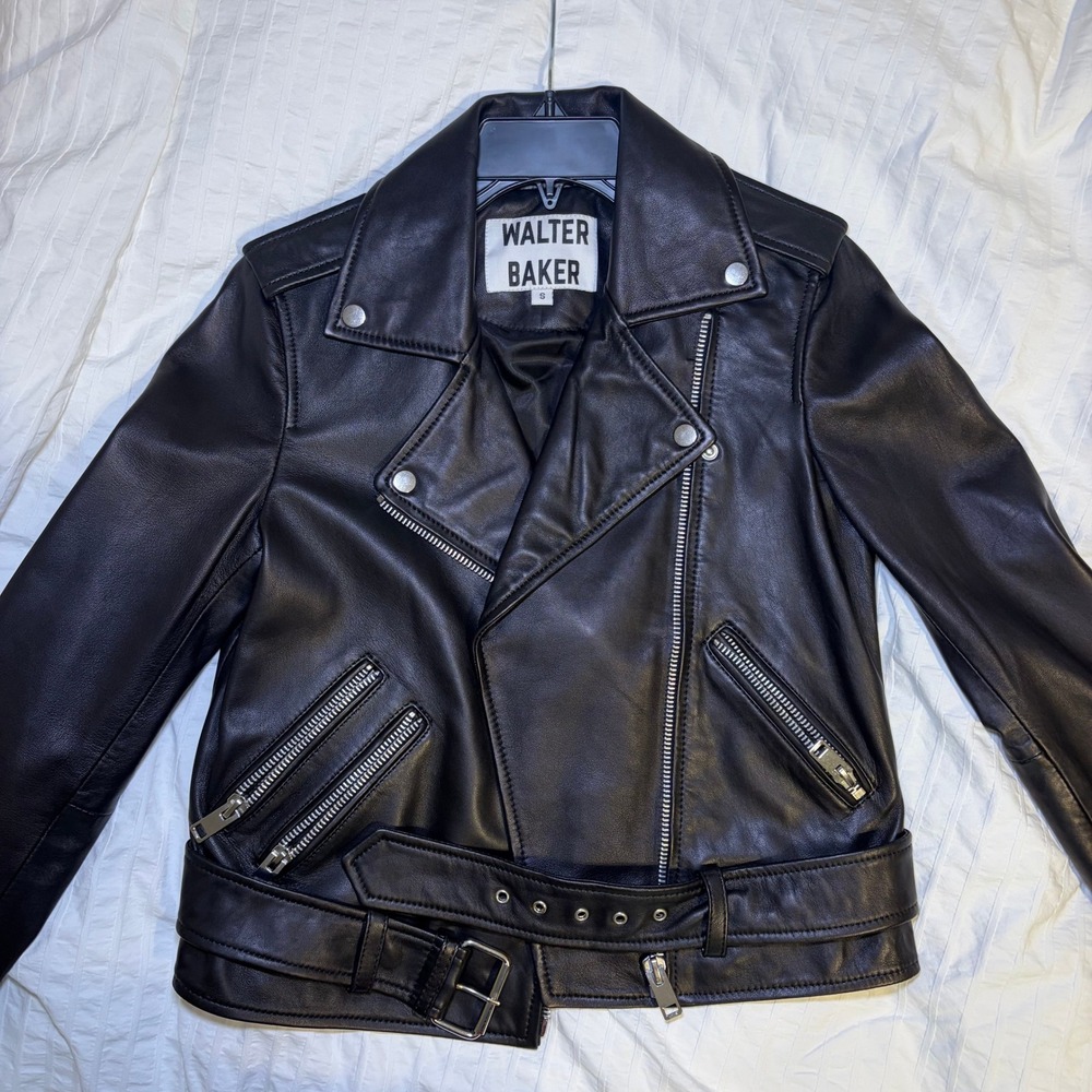 Walter Baker Moto Jacket Women S Black Leather WB30014 Asymmetrical Belted Biker